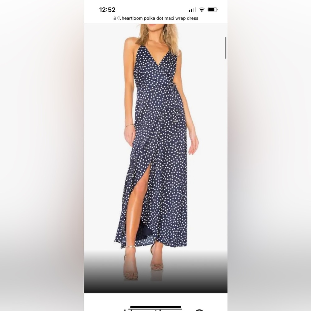 Heartloom Wrap Maxi Dress Spaghetti Strap Navy Ivory Polka Dots Size Medium